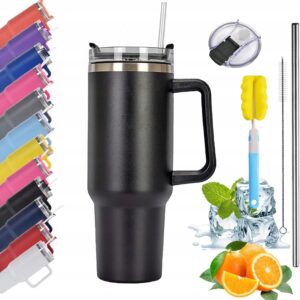 Kubek termiczny termos ze słomką 1200 ml z uchwytem ze stali czarny