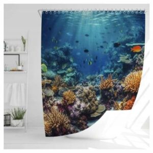 Zasłona prysznicowa tekstylna motyw oceanu koralowca 180 x 180cm + haczyki
